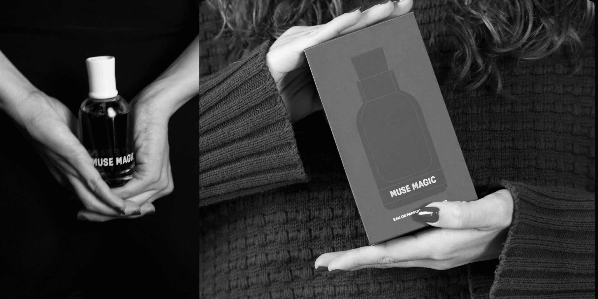 Two images showing a bottle labeled 'Muse Magic' held by hands, one with the bottle and the other with its packaging.